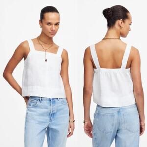 Madewell Womens 100% Linen Contrast-Stitch Squareneck Top NU447 Salt Size XS NWT